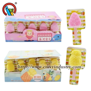 Doce de chupa-chupa com formato de fruta e geleia